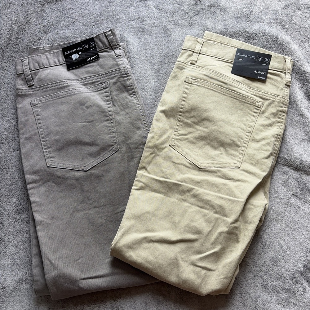 Lot of 2 ALFANI Men's Chino Pants Gray Beige 36x30 Straight Leg - NWT